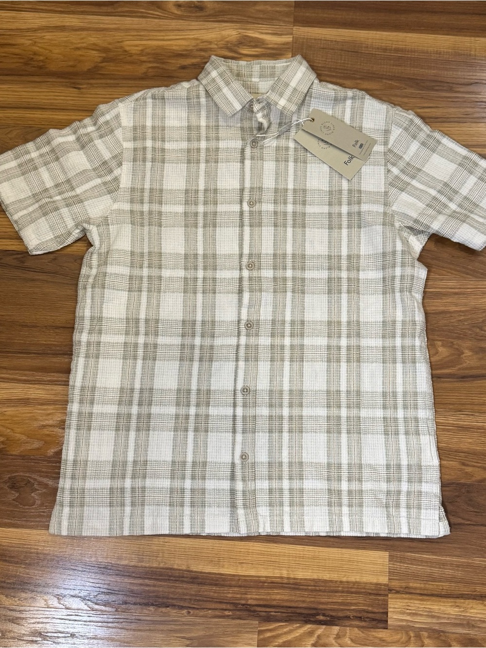Folk Men's Linen Blend Short Sleeve Plaid Button-Up Shirt, Size Small